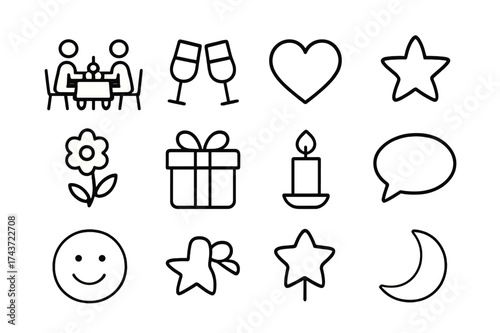 Romantic Date Icons. Romantic date. Line icon set of romantic date: couple at dinner table, wine glasses, heart, star, flower, gift box, candle, speech bubble,