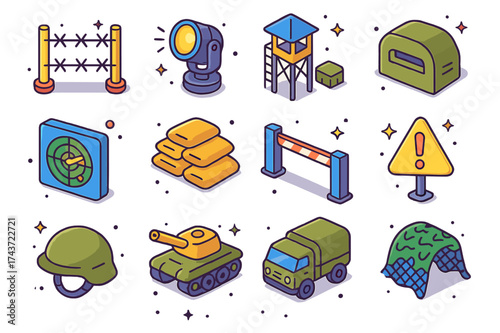 Military Security Icons. Military Security. Colorful isometric vector icons set of military security: barbed wire fence, spotlight, guard tower, bunker, radar,