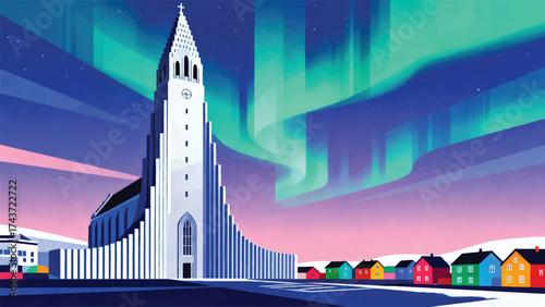 Illustration Of Hallgrimskirkja Church Towering With Aurora In The Sky And Small Colorful Houses Vector Design Template