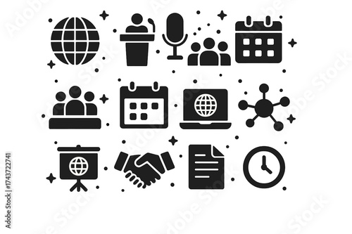Global Conference Icons. Global conferences. Solid icons set of Global conferences: globe, podium, microphone, group audience, calendar, laptop, projector