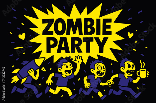 Zombie Party Extravaganza. Zombie Party banner, flat vector illustration, bold oversized text inside splash explosion, cartoon characters running and waving,