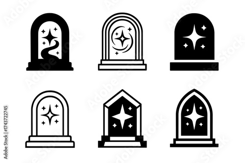 Fantasy Realm Logos. Fictional world. Set Logo of Fantasy realm: magic portal. harmonious logo variations of the same emblematic concept, each with different
