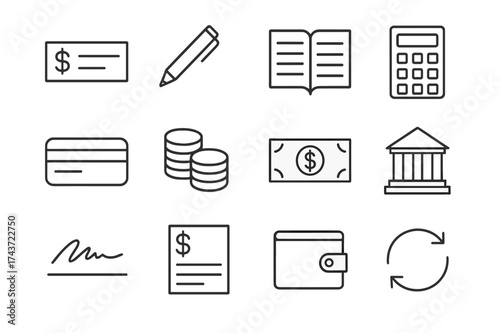 Banking Icons Grid. Banking tools. Line icon set of Banking tools: check, pen, ledger, calculator, bank card, coin stack, dollar bill, bank building, signature