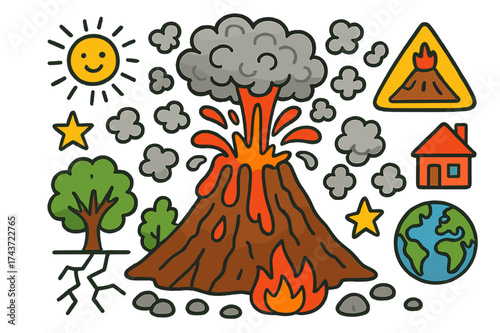 Colorful Volcano Doodle. Volcano. Colorful Hand-drawn doodle Children illustration Volcano, lava, mountain, rocks, fire, ash cloud, tree, sun, cracks, globe,
