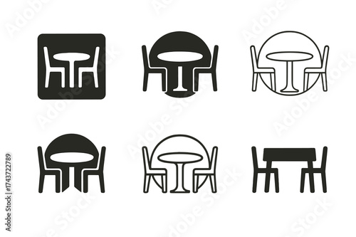Dining Table Logo Variations. Interior design and home decor trends. Set Logo of table set: dining table with chairs. harmonious logo variations of the same