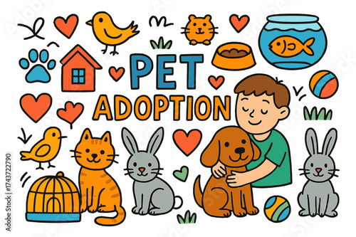 Pet Adoption Doodle. Pet adoption. Colorful Hand-drawn doodle Children illustration Pet adoption dog, cat, rabbit, bird, hamster, fish bowl, paw print, heart,