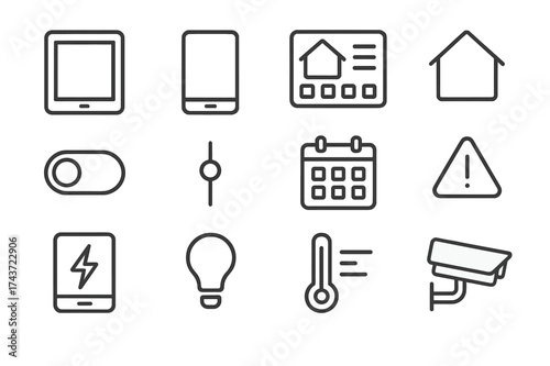 Home Automation Icons. Home automation interface. Line icon set of Home automation interface: tablet, smartphone, app dashboard, home icon, toggle switch,