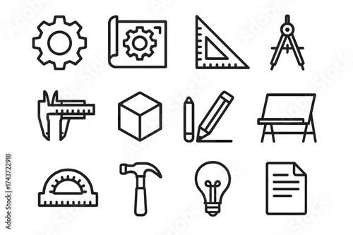 Engineering Icon Set. Engineering design. Line outline icon set of engineering design: gear, blueprint, ruler,
