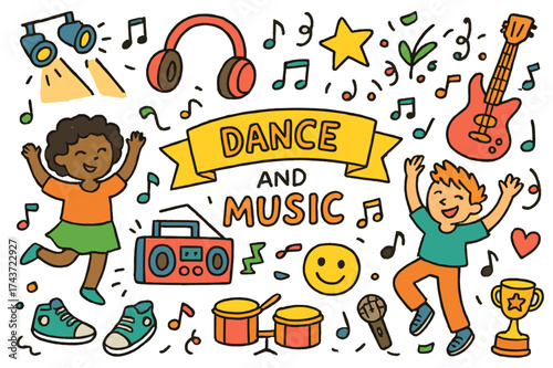 Music and Dance Celebration. Dance and music. Colorful Hand-drawn doodle Children illustration Dance and music boombox, headphones, stage lights, microphone,