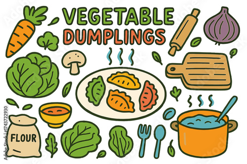 Colorful Vegetable Dumplings. Vegetable Dumplings. Colorful Hand-drawn doodle Children illustration dumpling, carrot, cabbage, mushroom, onion, rolling pin,