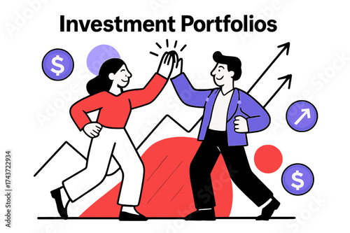 Rising Stocks Celebration. Investment portfolios. Two characters high-fiving while stock graphs rise around