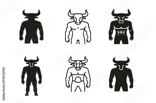 Minotaur Logo Variations. A mythical creature blending human and animal features. Set Logo of minotaur: human body with bull head. harmonious logo variations