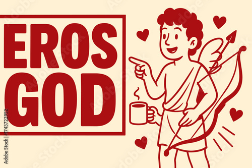 Eros God Graphic. Eros God banner, flat vector illustration, bold oversized text inside rectangular frame, cartoon characters standing and pointing, holding