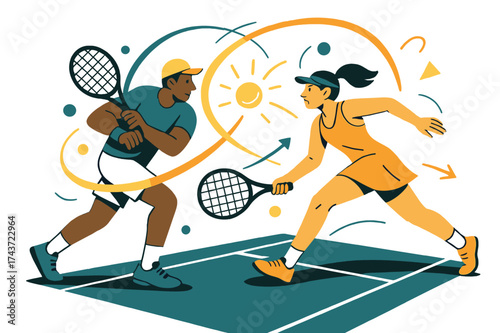 Energetic Tennis Duel. Tennis rally. Two figures exchange a glowing tennis ball across the court, abstract motion arcs trace the ball?s path. A fast and