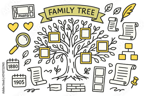 Colorful Family Tree. Family Tree. Hand-drawn doodle illustration tree trunk, branches with frames (colored), leaves, genealogy chart (colored), ribbon label,