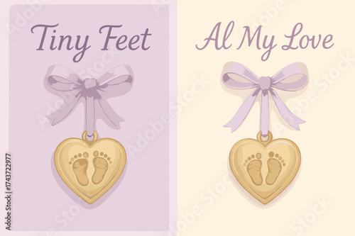 Heartfelt Keepsake Banners. Keepsake. Two vertical A6 banners, pastel, lavender and cream backgrounds, heart locket and tiny footprints on a ribbon, first