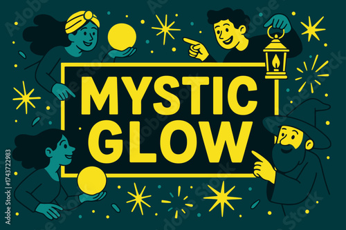 MysticGlow Celebration Banner. MysticGlow banner, flat vector illustration, bold oversized text inside rectangular frame, cartoon characters floating and