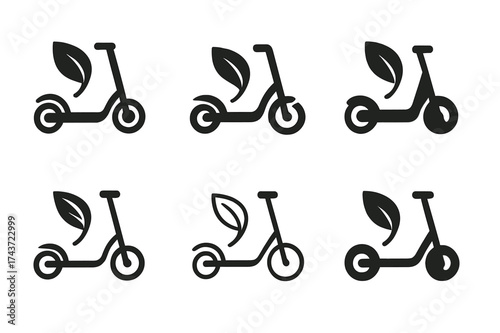 Eco Scooter Logos. Sustainable urban transportation. Set Logo of scooter: modern e-scooter silhouette with eco leaf. harmonious logo variations of the same