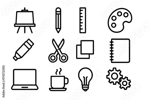 Creative Tools Grid. Creative Workshop. Line icon set of Creative Workshop: easel, pencil, ruler, paint palette, marker, scissors, sticky notes, notebook,