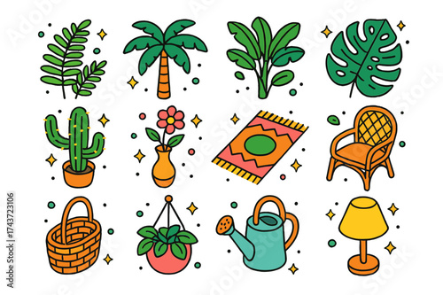 Tropical Icon Oasis. Tropical Corner. Colorful isometric vector icons set of tropical corner: fern, palm tree, banana plant, monstera, cactus, flower vase,