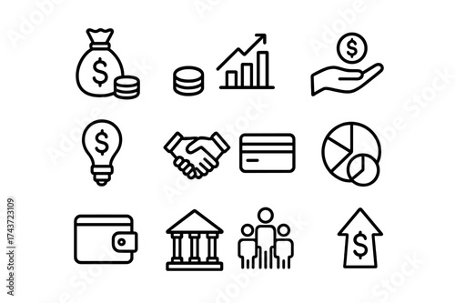 Funding Icon Set. Funding and investment. Line icon set of Funding and investment: money bag, coins, investment chart, donation hand, grant icon, handshake,