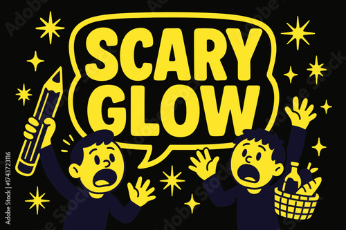 Scary Glow Banner. Scary Glow banner, flat vector illustration, bold oversized text inside sticker outline, cartoon characters shouting and waving, holding