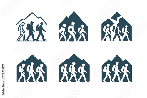 Hiking Group Logos. Friends hiking in the mountains, enjoying nature and the outdoors together. Set Logo of hiking group: silhouettes of friends walking with