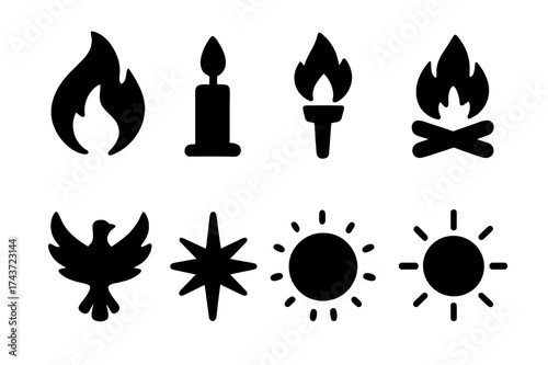 Emberglow Icon Set. Emberglow. Filled icon set of Emberglow: flame, candle, torch, bonfire, phoenix, radiant