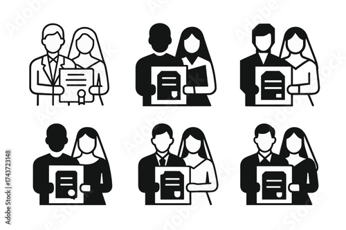 Wedding Certificate Logos. Couple holding wedding certificates. Set Logo of Celebration: newlyweds with certificate. harmonious logo variations of the same