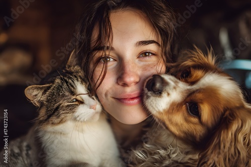 Woman is hugging two dogs and a cat. The woman has a smile on her face and the animals seem to be enjoying the attention