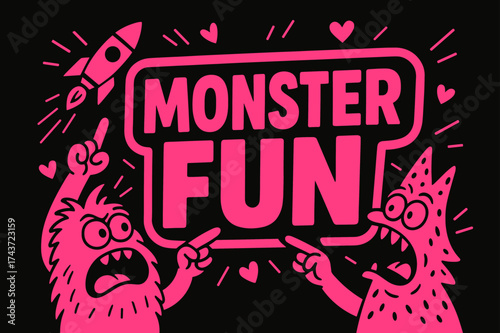 MonsterFun Banner Extravaganza. MonsterFun banner, flat vector illustration, bold oversized text inside sticker outline shape, cartoon characters shouting and