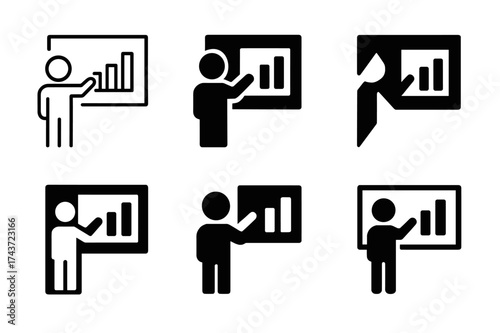Classroom Logo Variations. Students making presentations and projects. Set Logo of classroom board: student figure pointing at chart. harmonious logo