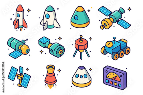Colorful Spacecraft Icons. Spacecraft. Colorful isometric vector icons set of Spacecraft: rocket, space shuttle, capsule, satellite, orbital module, docking
