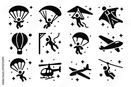 Air Sports Icons. Air Sports. Solid icons set of skydiving, paragliding, hang gliding, wingsuit flying, hot air balloon, bungee jumping, base