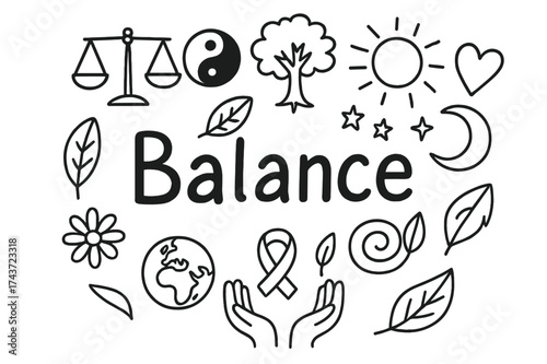 Doodle Balance Icons. Balance. Hand-drawn doodle illustration of Balance. scales, yin-yang, circle, tree, sun,