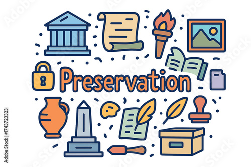 Colorful Preservation Doodle. Preservation. Hand-drawn doodle illustration of Preservation. museum, artifact,