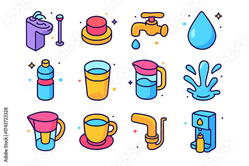 Colorful Hydration Icons. Everyday Hydration. Colorful isometric vector icons set of everyday hydration: drinking fountain, button, faucet, water droplet,