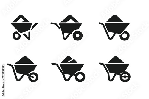 Abstract Wheelbarrow Logos. Wheelbarrow with cement. Set Logo of abstract wheelbarrow: geometric interpretation with cement block. harmonious logo variations