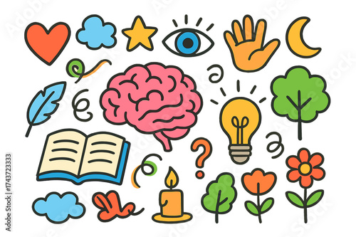 Consciousness Doodle Icons. Consciousness. Colorful Hand-drawn doodle Children illustration Brain, lightbulb, eye, star, moon, book, feather, candle, question
