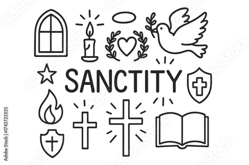 Sanctity Symbols Doodle. Sanctity. Hand-drawn doodle illustration of Sanctity. church window, candle, halo,