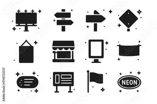 Black Urban Iconography. Urban Signage. Solid icons set of Urban Signage: Billboard, Street Sign, Directional Arrow, Traffic Sign, Poster, Shop Sign, Digital