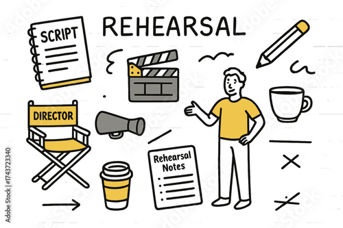 Rehearsal Doodle Icon Set. Rehearsal. Hand-drawn doodle illustration script (colored), notebook, pencil (colored), director chair, clapperboard (colored),