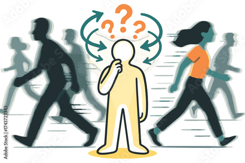 Abstract Disorientation. Feeling lost. A glowing figure with abstract question marks floating above, crowd silhouettes moving past in blur, arrows circling
