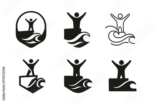 Freedom Emblem Variations. A person standing on a cliff overlooking the ocean, with waves crashing below. Set Logo of freedom emblem: arms raised figure
