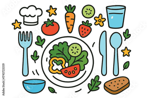 Colorful Healthy Meal. Healthy Plating. Colorful Hand-drawn doodle Children illustration salad, vegetable slices, fruit, plate, fork, knife, spoon, star, leaf