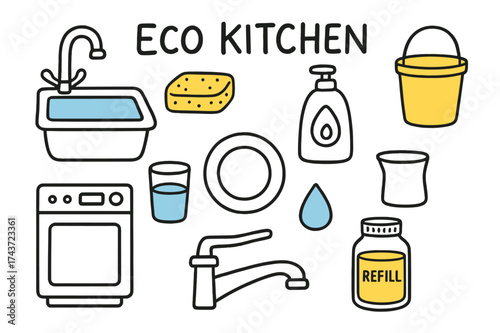 Eco Kitchen Doodle. Eco Kitchen. Hand-drawn doodle illustration sink (colored), faucet, sponge (colored), dish soap, bucket (colored), glass of water, plate,