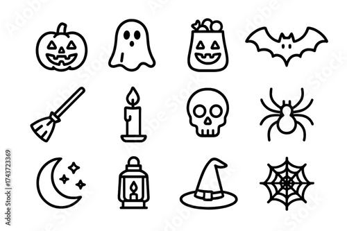 Halloween Icons Set. Halloween night scene. Line icon set of Halloween night scene: jack-o?-lantern, ghost, candy bag, bat, broomstick, candle, skull, spider,