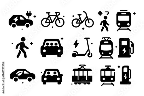 Eco Transport Icons. Eco Transportation. Solid icons set of Eco Transportation: electric car, bicycle, bus, train, walking, carpool, electric scooter, subway,
