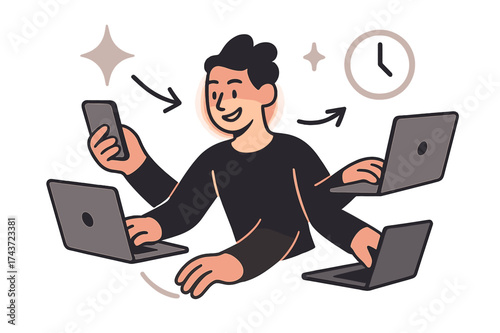 Dynamic Digital Juggling. Multi-tasking hustle. Glowing individual switching between two laptops and phone screens. Floating icons of sparkle, arrows, and
