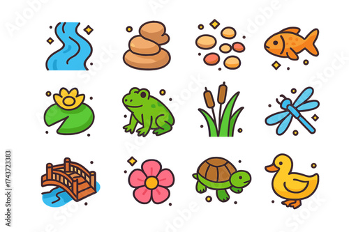 Winding Stream Icons. Winding Stream. Colorful isometric vector icons set of winding stream: flowing water, stones, pebbles, fish, lily pad, frog, reeds,